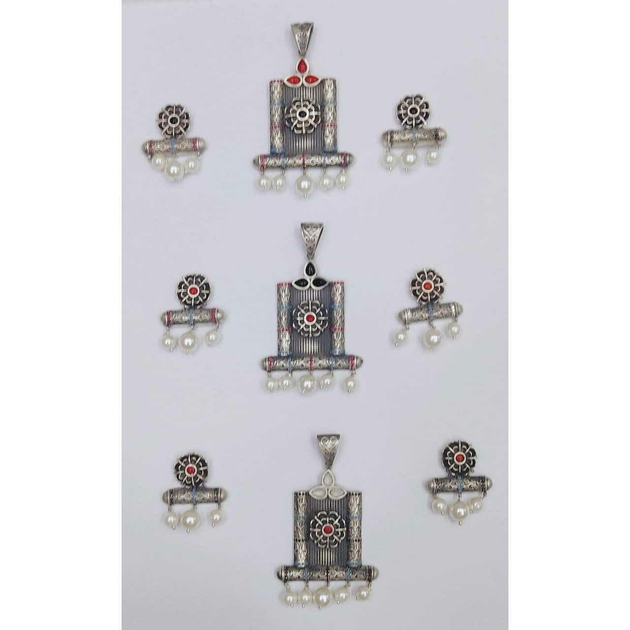 92.5 Sterling Silver Oxodize Mina White Pearl Pendant Set Ms-2853