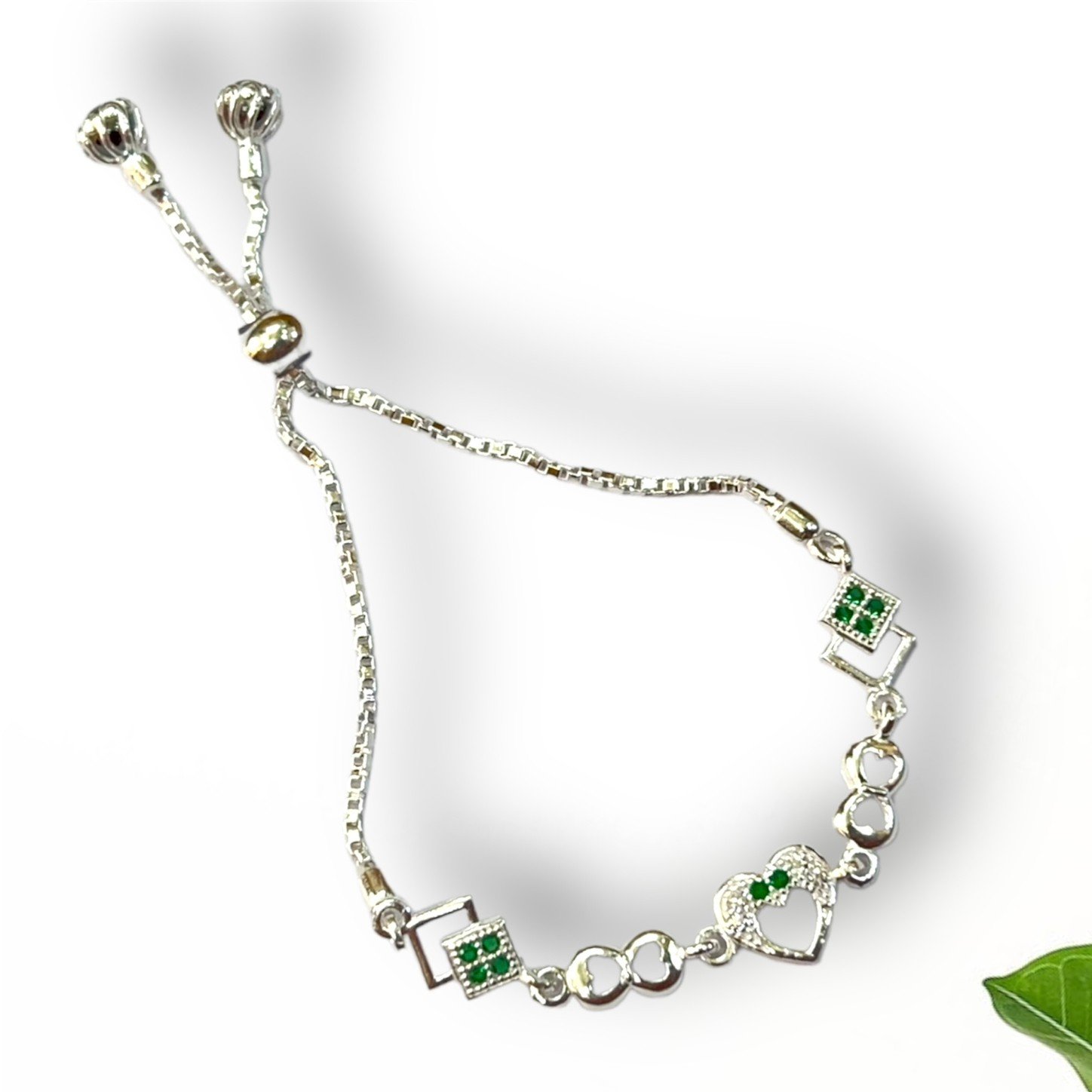 925 Silver Heart Shape With Green Diamond Bracelet