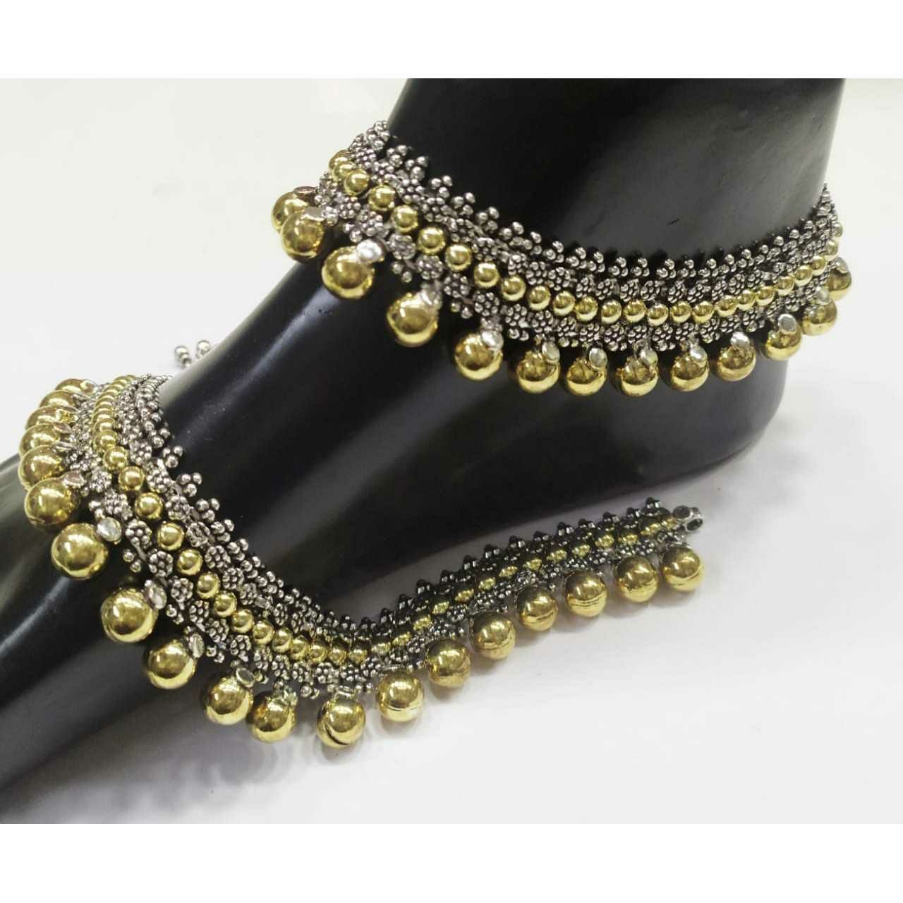 92.5 Sterling Silver Silver Gold Ganga Jamna 2(Two) Tone Round Anklet(Payal) Ms-2888