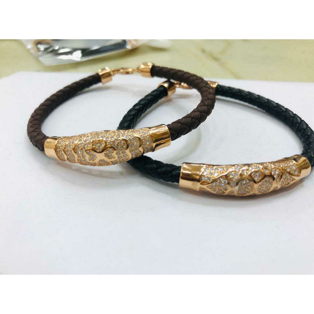 92.5 Sterling Silver Colourfull Leather With Micro Gold Bracelet Ms-3374