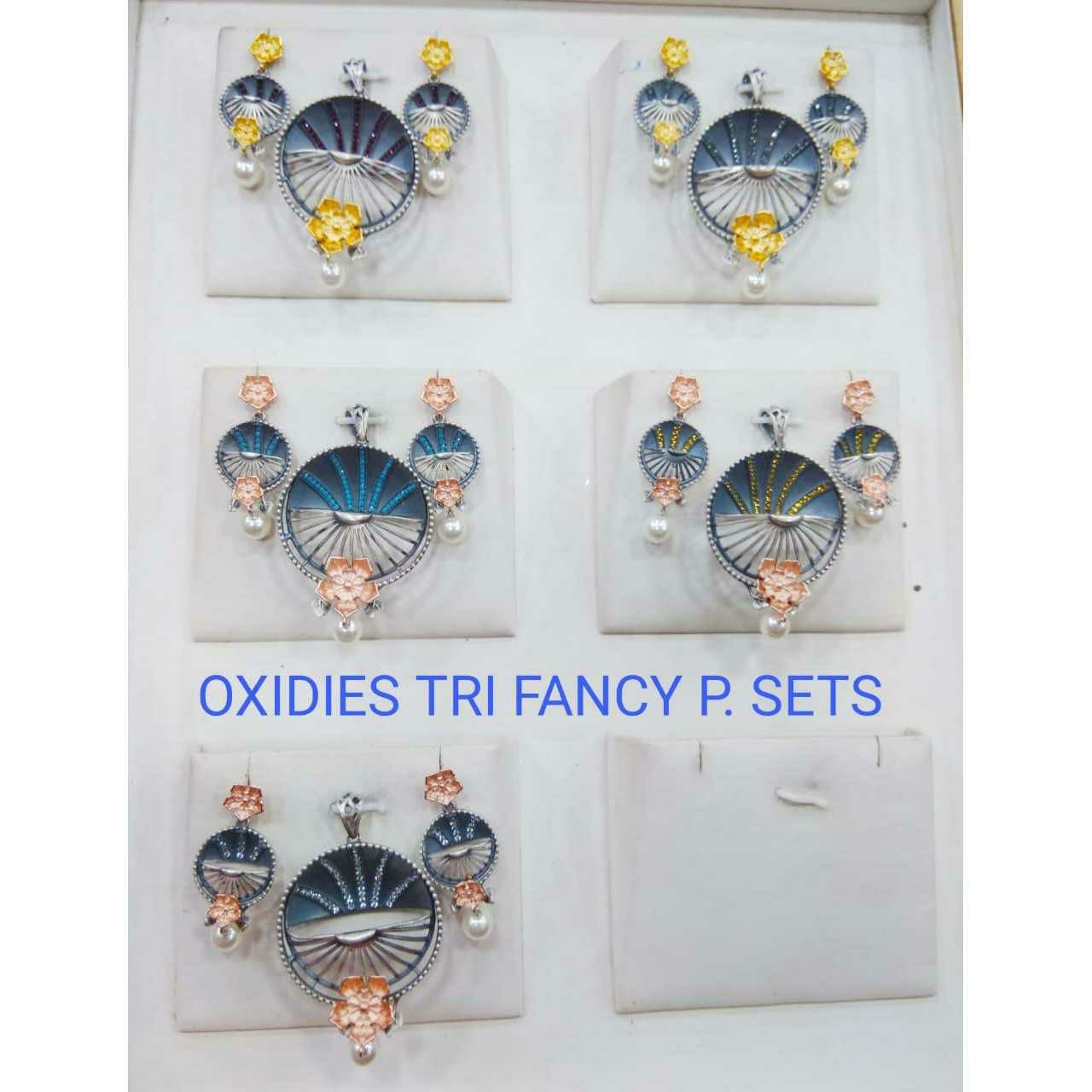 92.5 Sterling Silver Pearl Oxodize Tri Fancy Pendant Set Ms-3219