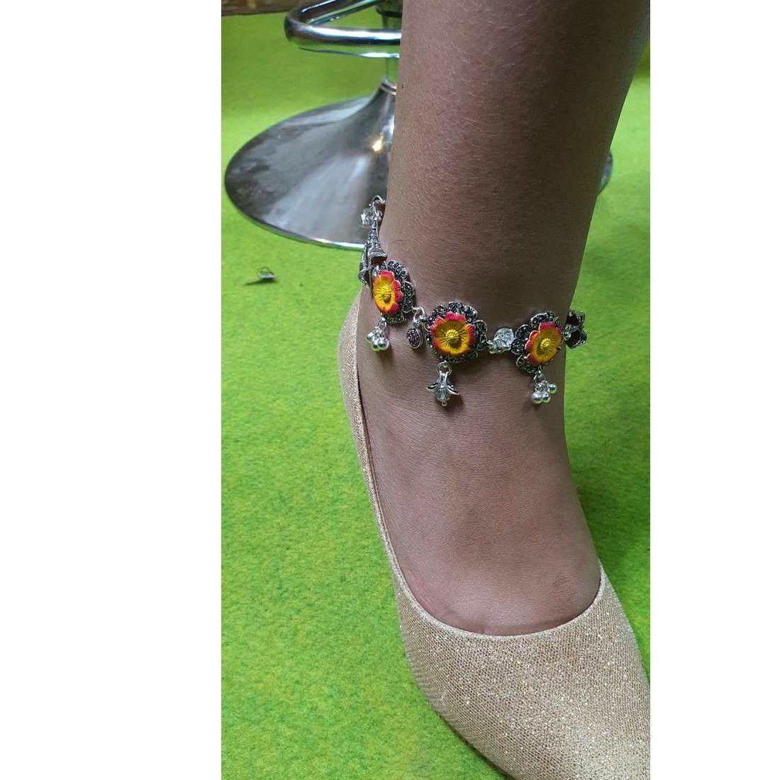 Coted plastic mina oxodize flower casting anklet-payal ms-3971